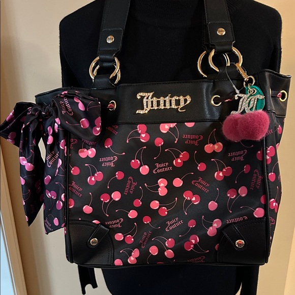 Juicy Couture Handbags - Juicy Couture Black Tote with Pink Cherry Print and Pom Charm